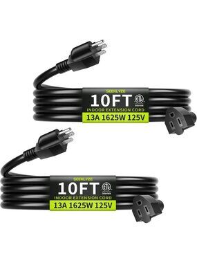 10FT Indoor Extension Cords (2-Pack) - Heavy Duty, 16/3 Black Power Cables